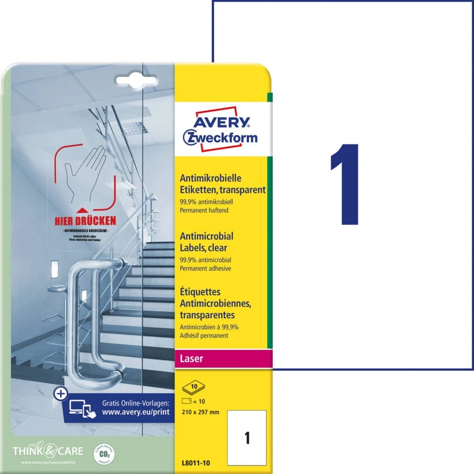 Avery Zweckform L8011-10 Antimikrobielle Etiketten - 210 x 297 mm, permanent, transparent, 10 Stück