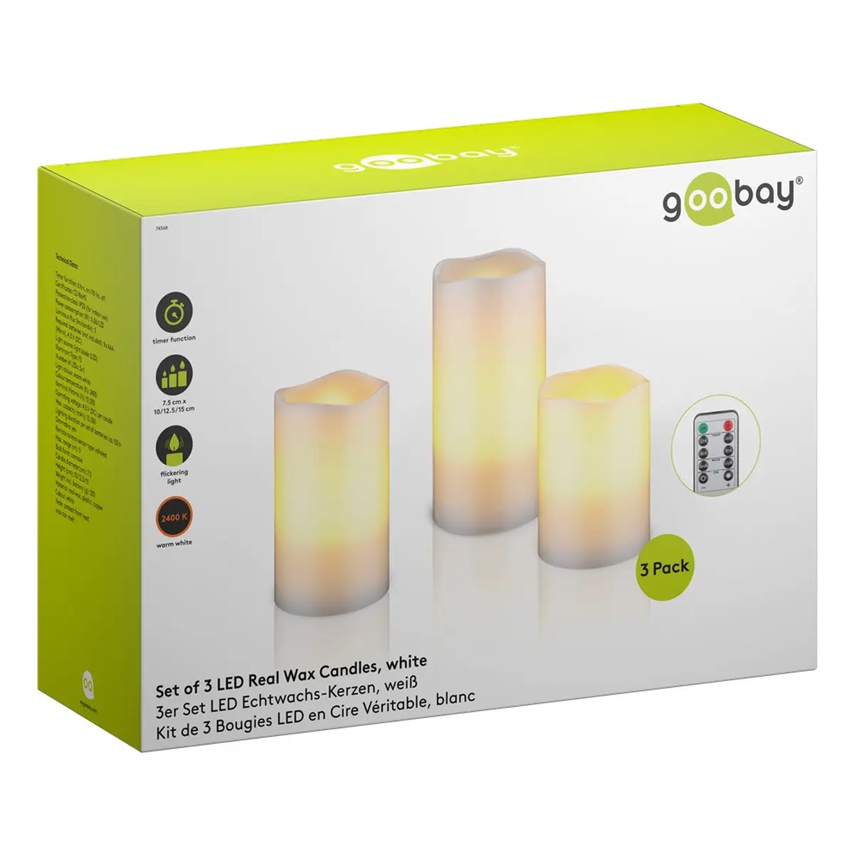 Goobay 3er-Set LED-Echtwachskerzen, weiß