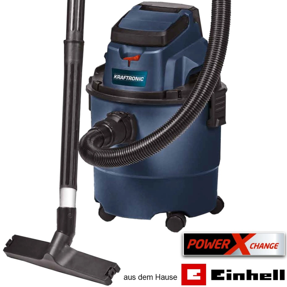 Der Einhell KT-NT 15 Li Kit Akku-Nass-Trockensauger mit Logos der Marke vor einem weißen Hintergrund