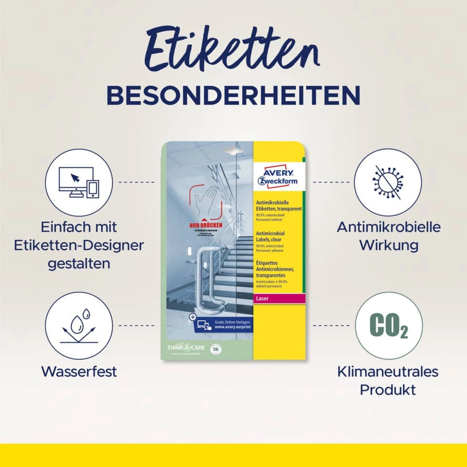 Avery Zweckform L8011-10 Antimikrobielle Etiketten - 210 x 297 mm, permanent, transparent, 10 Stück